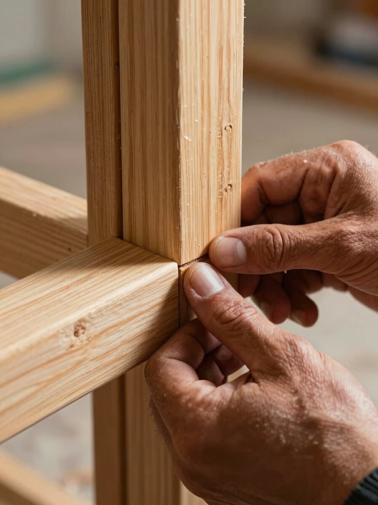 Extreme close-up of a craftsman's calloused hands pressing a wood trim joint tight against a door frame, morning north light raking across the wood grain, fingertip precisely on the seam, real construction environment visible softly out of focus behind