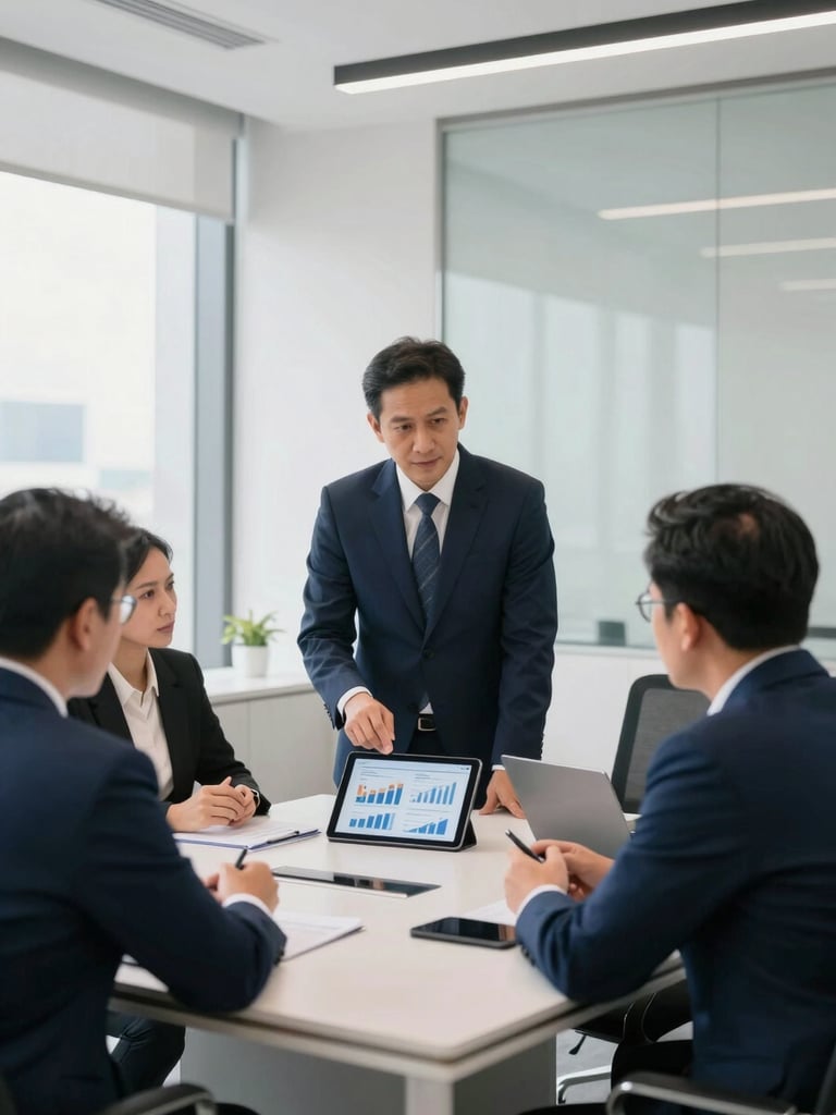 A professional corporate office meeting room in Jakarta, clean architectural lines, bright natural light, executives discussing financial charts on a tablet, deep navy accents, sharp focus, 35mm