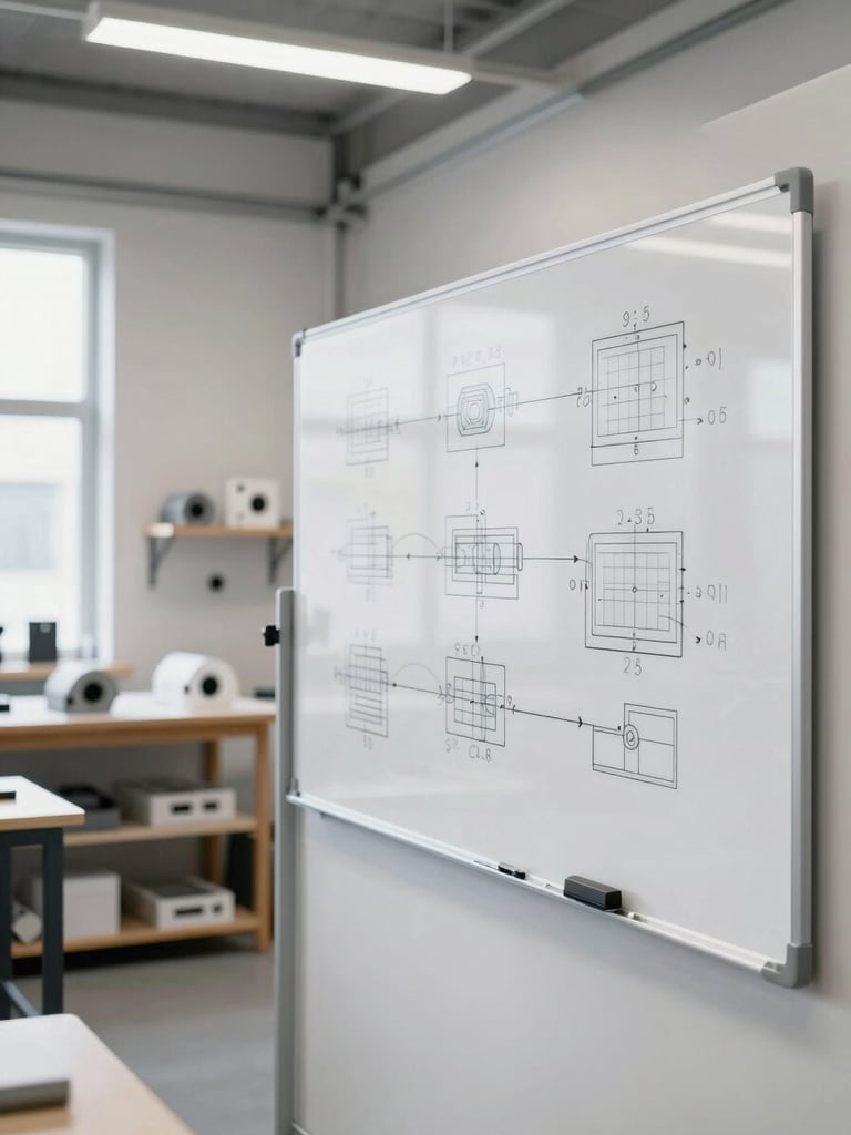 Wide-angle crisp industrial shot of a modern workshop with whiteboard schematics, prototypes on shelves, bright natural light, sharp focus.