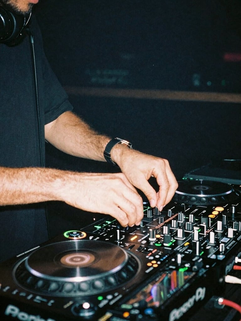 Gritty flash photo of a DJ's hands on decks in a dark, smoky Bedford club, electric neon green ambient glow, 35mm film grain.