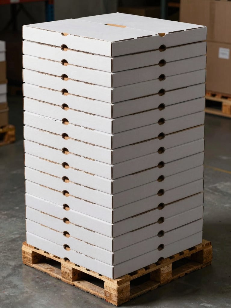 Three-quarter overhead studio view of a tall pallet stack of flat-packed white pizza boxes, aligned edges flush, clean warehouse floor, controlled overhead lighting casting crisp shadows on corrugated fluting, no food, no people