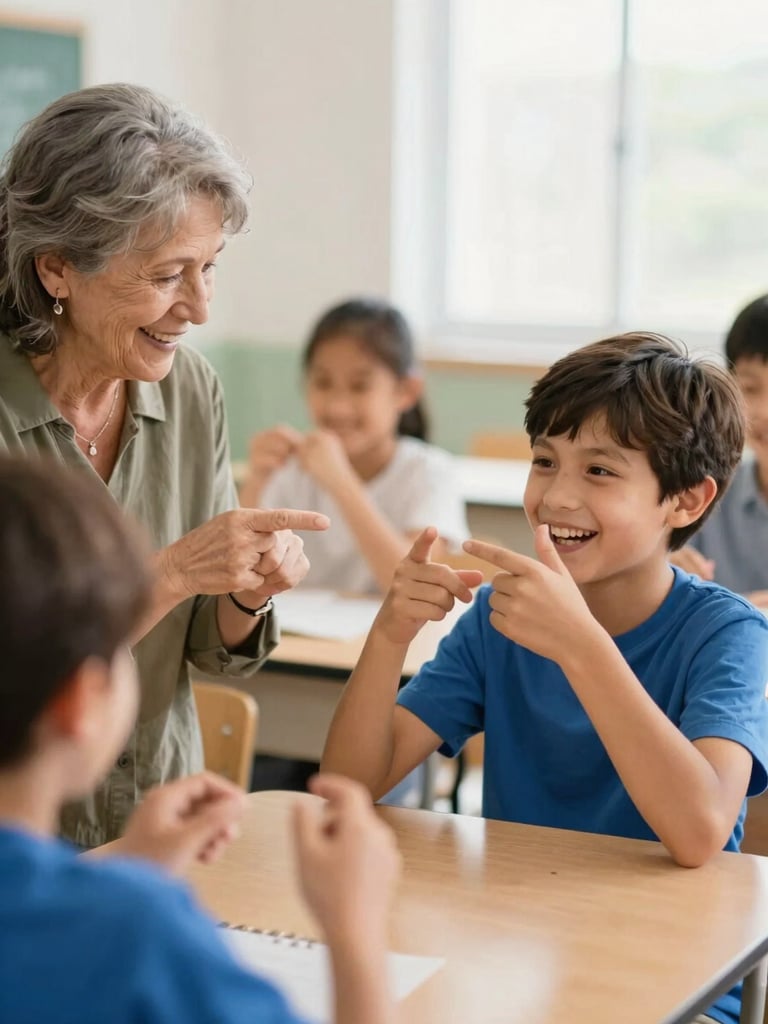 A warm classroom setting where a senior woman and a young boy are practicing sign language together, laughing, bright daylight, shallow depth of field.