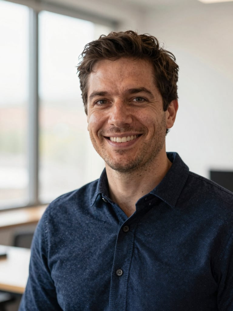 Close-up portrait of a professional founder in a warm, daylit office, navy blue tones, authentic, friendly smile, shallow depth of field.