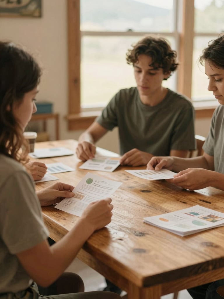 Medium environmental shot of a community workshop in Chelan, soft diffused indoor daylight, hands sharing educational materials over a rustic wooden table, warm sand tones