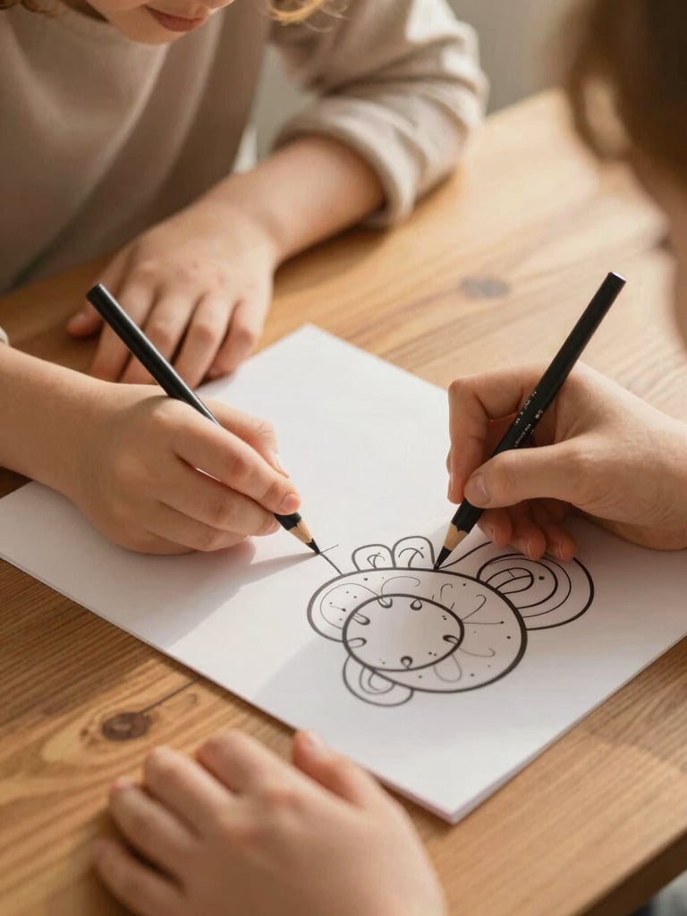 Hands of a mother and child coloring together on a wooden table, soft golden-hour light, warm editorial style, close-up candid framing