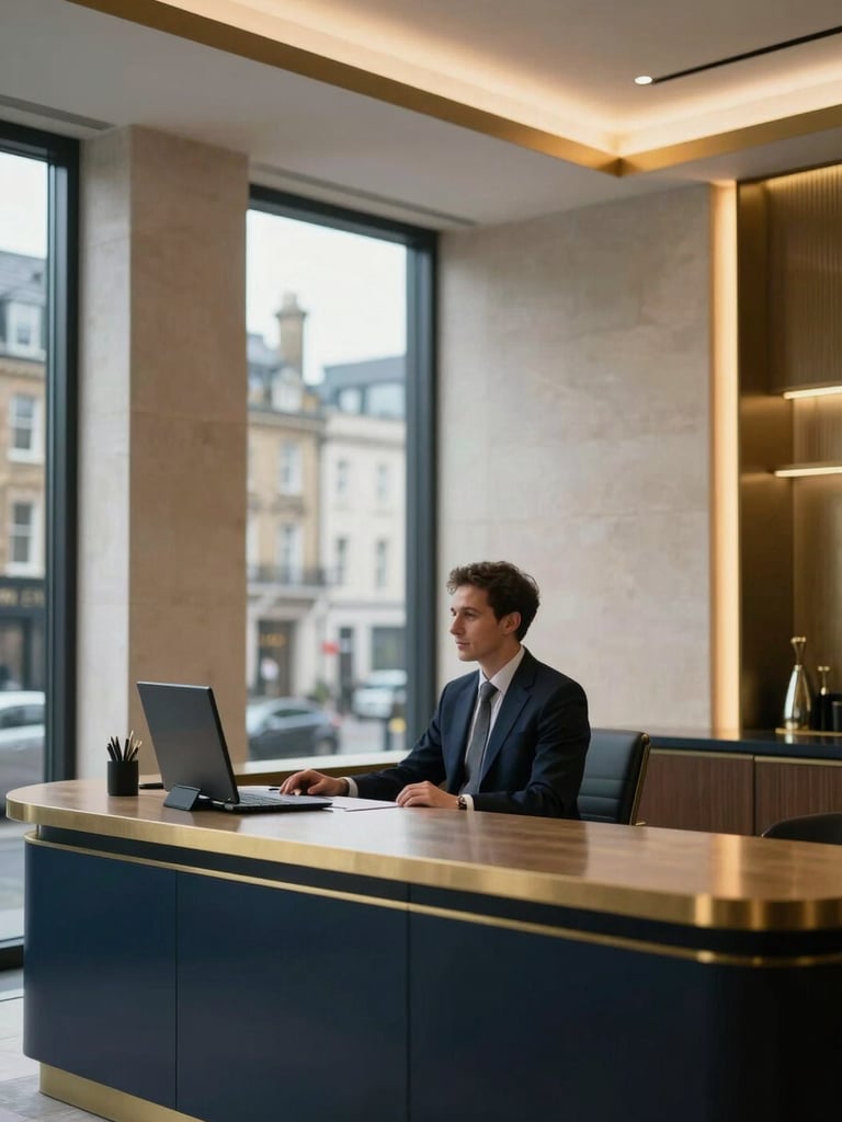Modern architectural interior of a private wealth office in London, sleek limestone walls, warm brass and gold accents, large windows showing cool overcast daylight, a professional executive viewed from the side in deep focus, premium corporate editorial photography, shallow depth of field, 35mm