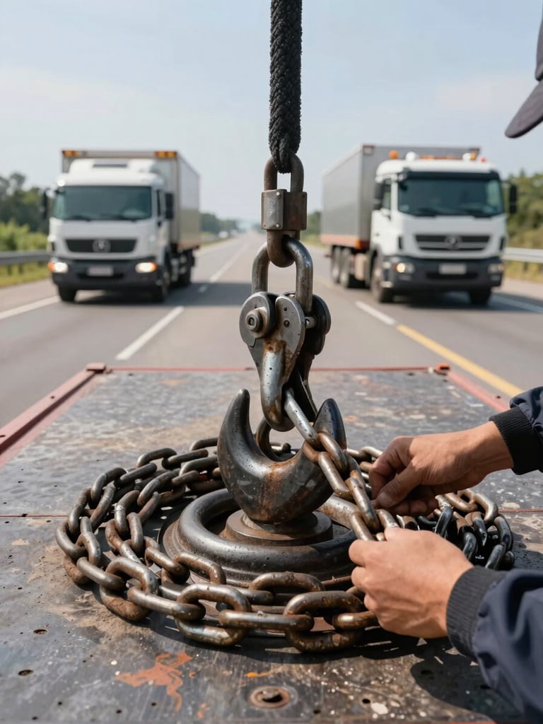 Wide shot in natural daylight of a heavy tow hook and recovery chain in sharp focus in the foreground, a flatbed truck platform and open highway stretching into the distance behind, operator's hands securing the chain, industrial steel texture visible