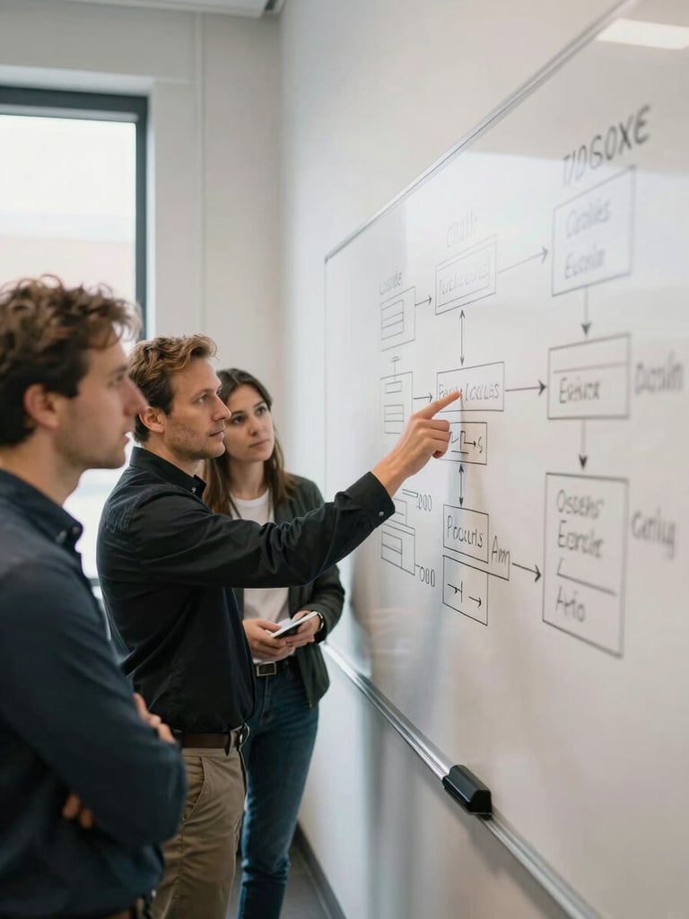 Wide environmental shot of a small team gathered at a whiteboard covered in operational flow diagrams, natural light from large windows to the left, one person pointing at a node in the diagram while two others lean in — candid, task-focused, no posed smiles