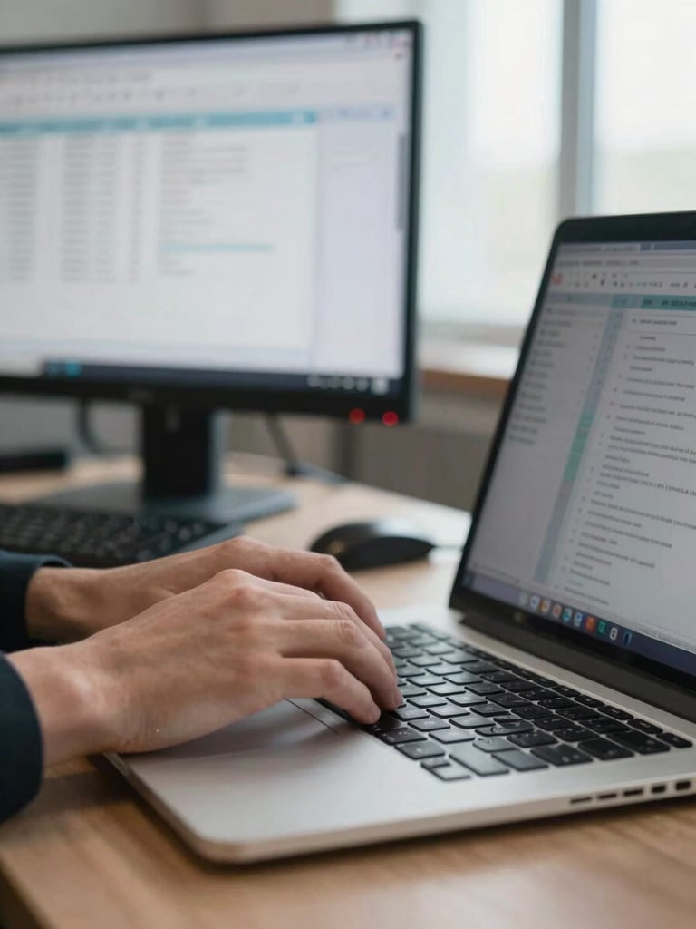 Close detail of hands typing on a laptop keyboard in a bright open-plan office, a secondary monitor behind showing a member database list view, natural window light from the right, documentary and precise in framing
