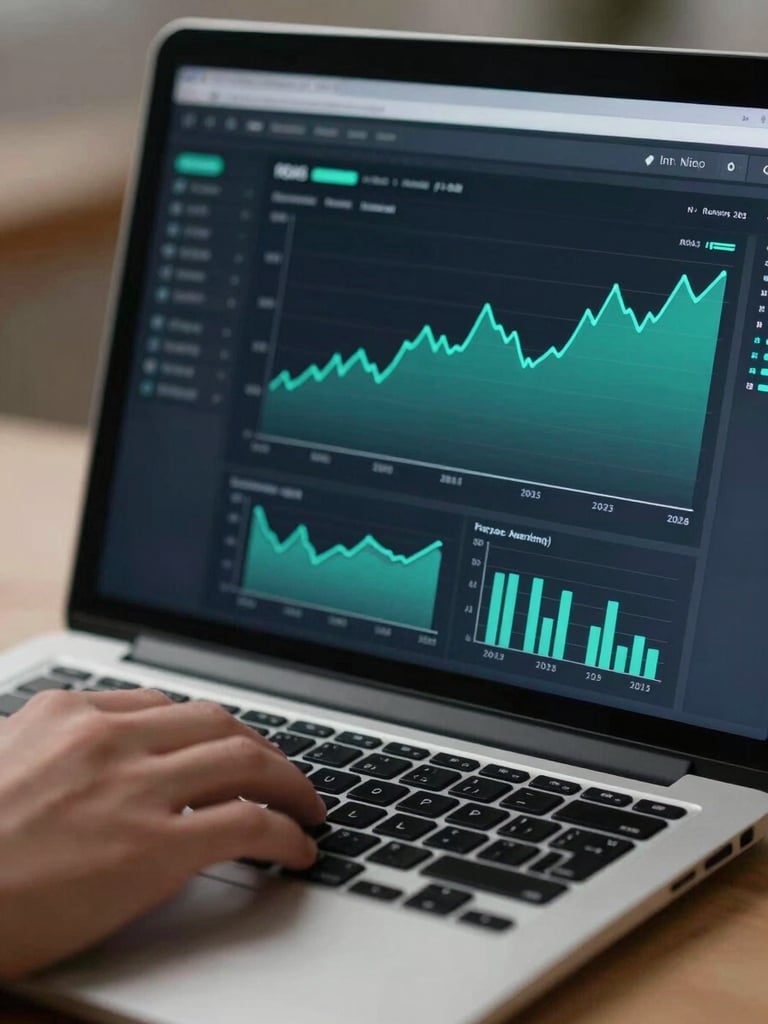 Close-up of a laptop screen displaying a live marketing analytics dashboard — ROAS and revenue trend lines in teal against a dark interface, a hand resting on the keyboard in the foreground, clean studio lighting from the left, tight framing on the screen edge