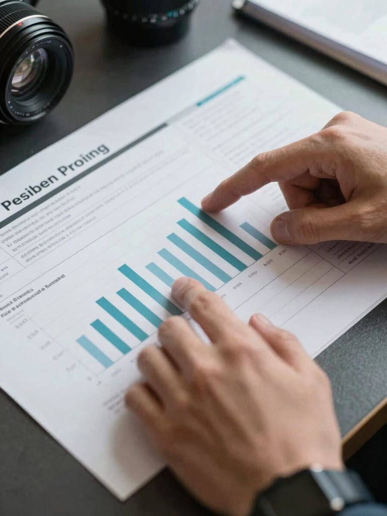 Close-up of hands pointing at a printed campaign performance report on a dark desk, teal chart lines visible on the page, even north-facing daylight, no faces shown