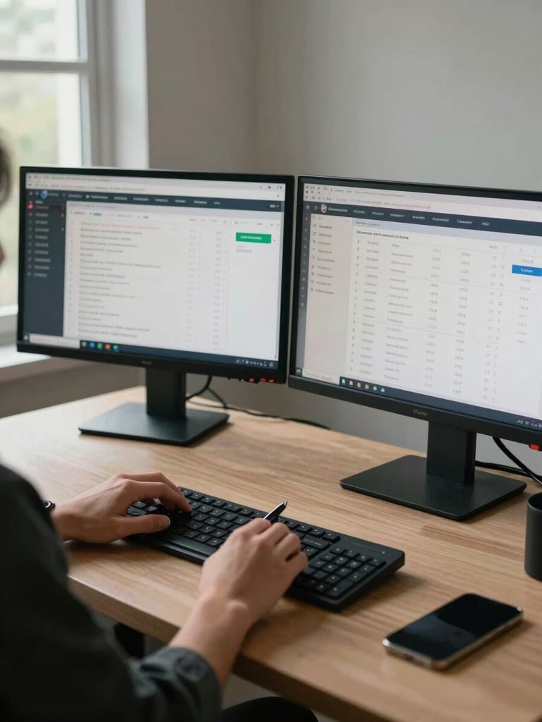 Wide environmental shot of a working desk with two monitors showing campaign performance reports — keyword rankings and click-through data visible on screen, a hand pointing at a metric with a pen, north-facing daylight from a window off-frame left, no people visible from the shoulders up
