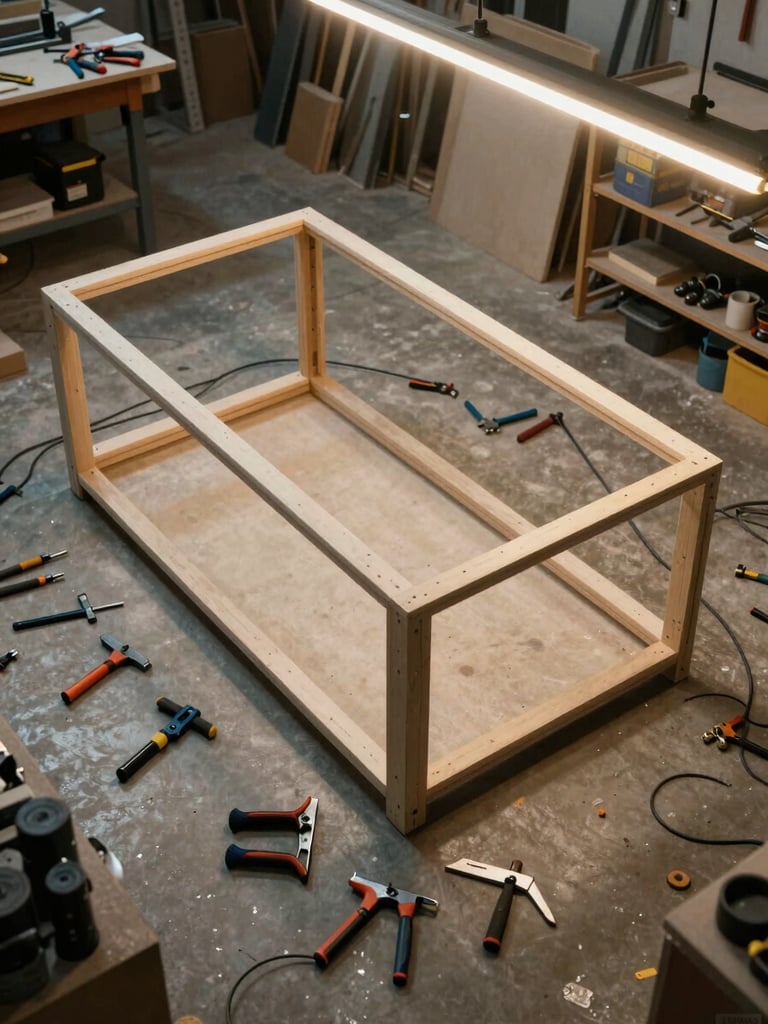 Wide workshop environment shot from above, concrete floor with scattered hand tools, a half-assembled cabinet frame, power cords and clamps arranged mid-project, warm shop lighting overhead, no people visible, raw and functional atmosphere