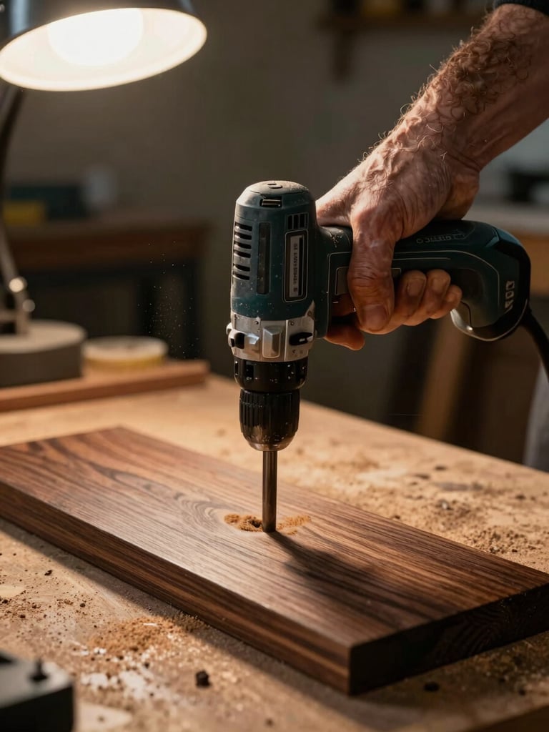 Extreme close-up of a calloused hand gripping a power drill mid-operation into dark hardwood on a workshop bench, warm overhead shop light casting hard shadows, sawdust visible in air, documentary clarity, no lifestyle staging
