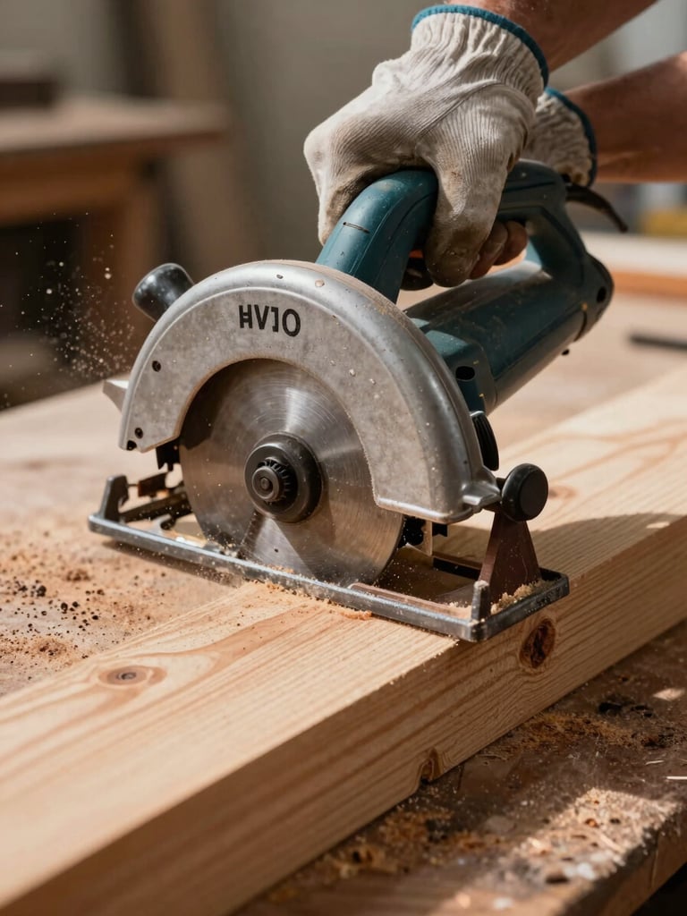 Extreme close-up of a worker's gloved hands gripping a circular saw mid-cut through dimensional lumber on a workbench, sawdust suspended in the air, warm overhead shop lighting casting hard shadows on the wood grain, documentary clarity