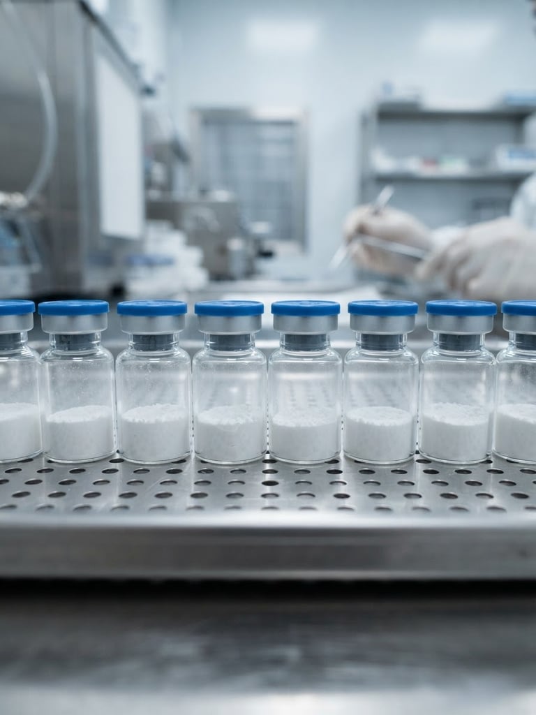 clinical industrial photography of sealed peptide vials in a sterile cleanroom environment, bright cool laboratory light, sharp macro details, 35mm