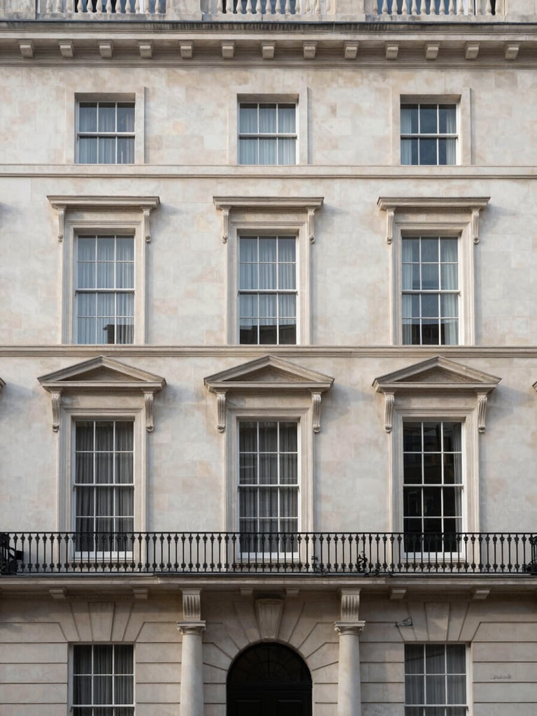 Architectural portrait crop of a classic London townhouse facade in Kensington, soft morning daylight, straight-on framing, clean stone details.