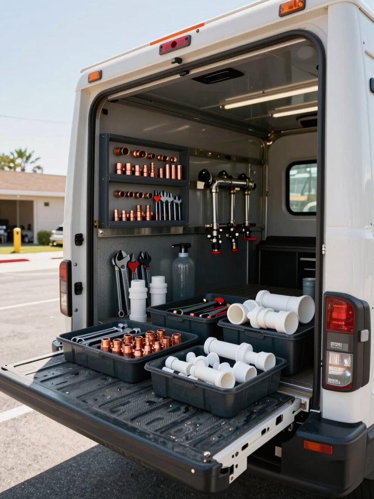 Wide shot of a well-organized plumbing service truck bed from the side, copper fittings, pipe wrenches, and PVC fittings sorted in labeled trays, shot under flat California daylight, right-side framing with open sky on the left