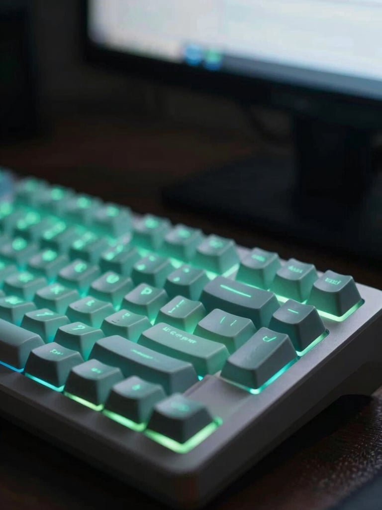 Macro close-up of a professional editing keyboard with custom colored keycaps, soft cyan and green glow from a studio monitor, dark moody atmosphere, shallow depth of field