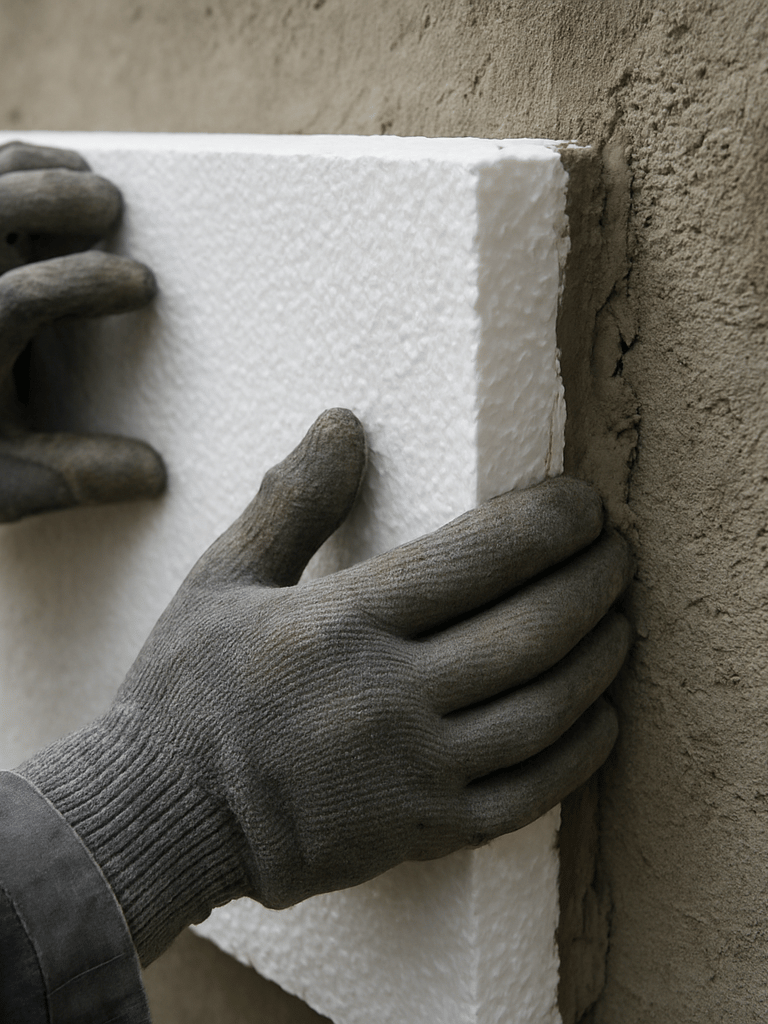 Close-up of gloved hands pressing an EPS insulation board flush against a concrete exterior wall, adhesive mortar visible at the edges, natural diffused daylight from the left, rough surface texture in sharp focus