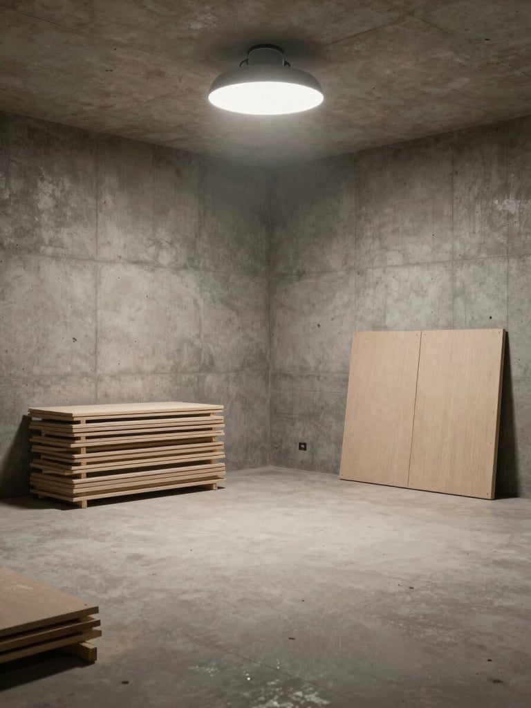 Wide environmental shot of an empty room mid-execution — bare concrete walls, isolation boards stacked against one side, a single work lamp casting soft diffused light from above, no people, materials in context showing the infrastructure phase