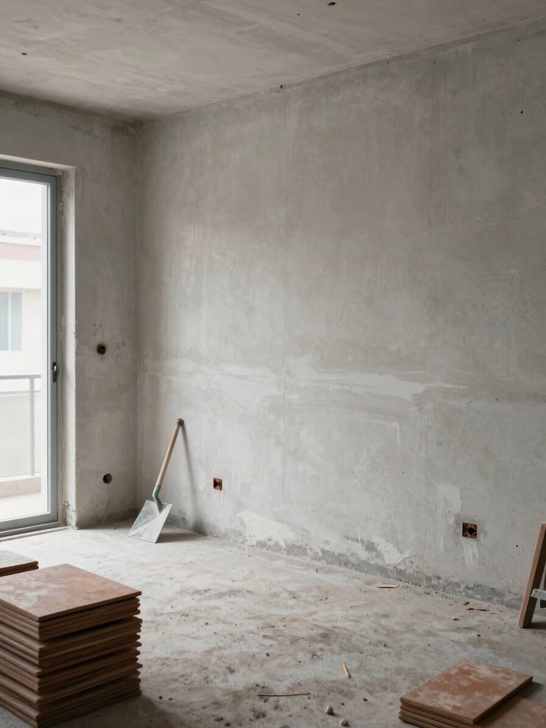 Wide environmental shot of an empty room mid-execution — bare concrete walls with fresh plaster applied to two thirds of the surface, stacks of terracotta tiles on the floor, a trowel resting against the wall, soft natural daylight entering from a frameless window opening on the left, no workers visible