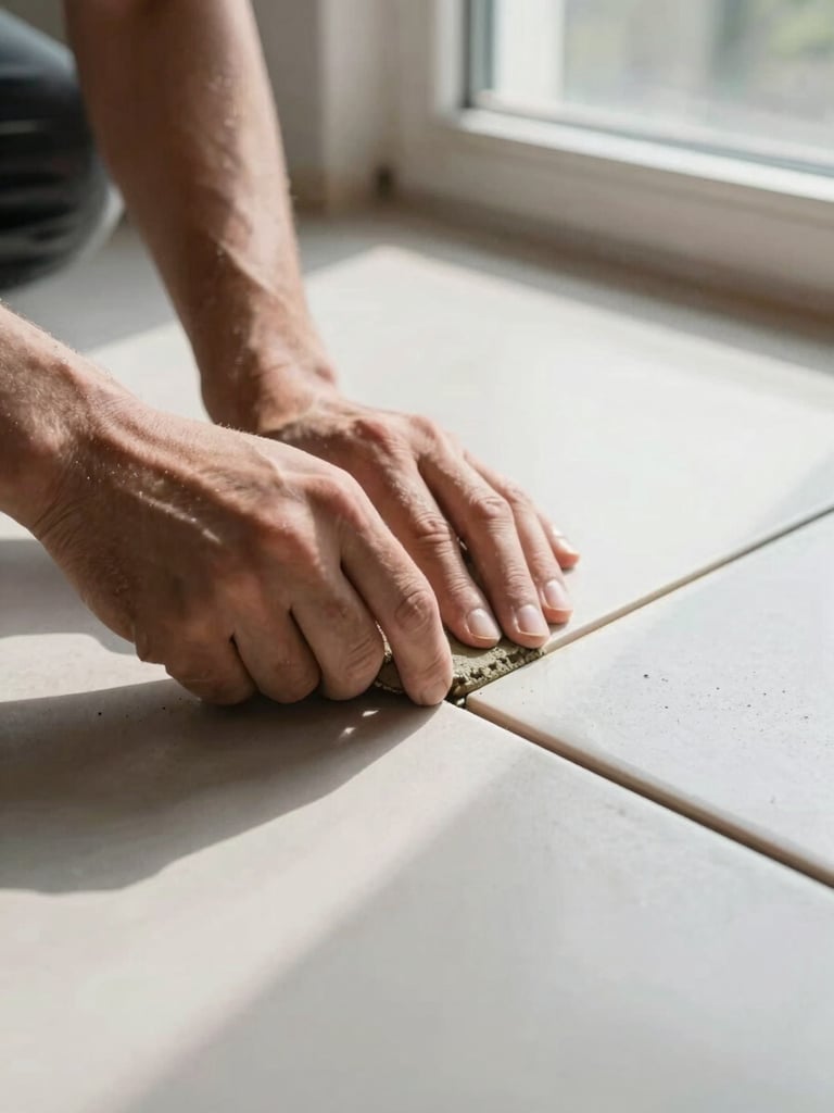 Extreme close-up of a tiler's hands pressing grout into freshly laid ceramic tile joints, natural north-facing daylight from a site window raking across the surface revealing texture and precision, tile surface filling the entire frame edge to edge