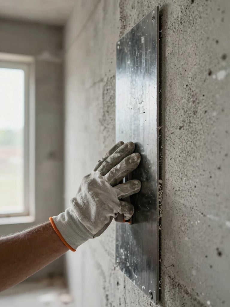 Extreme close-up, wide frame — a plasterer's gloved hand pressing a metal screed hard across a raw concrete wall, the blade catching diffuse north-facing daylight from a site window to the left, fine glet compound curling off the edge in mid-action, unpainted room visible in soft focus behind