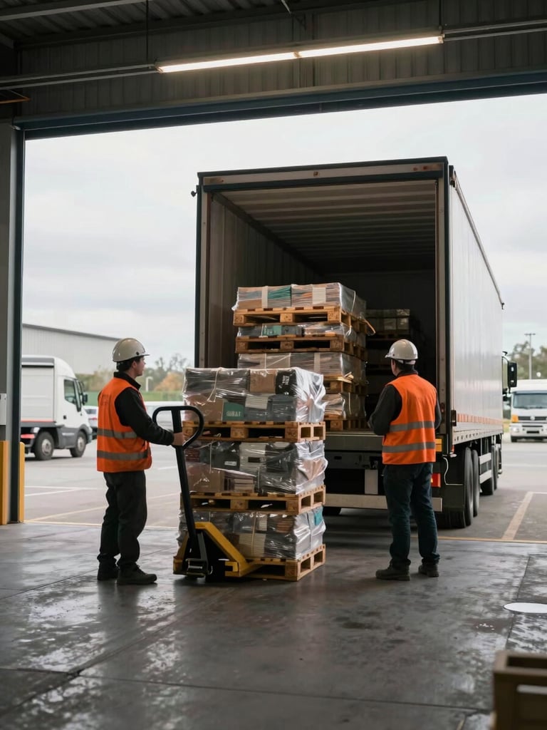 Close-up of a warehouse loading dock interior, a heavy truck trailer backed up to the bay, workers in orange vests unloading pallets with a pallet jack, documentary overcast European industrial light, no faces visible, strong sense of operational scale