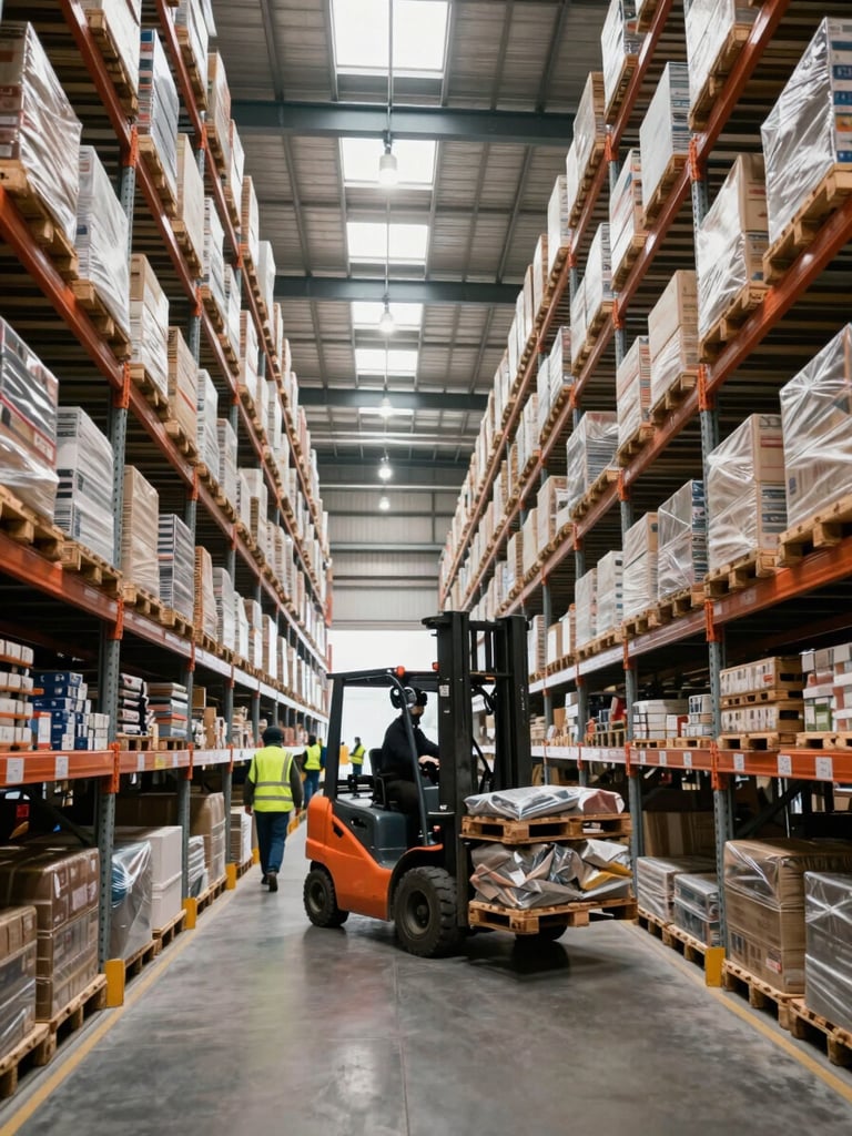 Wide panoramic warehouse interior, deep perspective down a tall-racked aisle, a forklift in motion mid-frame carrying pallets, workers in high-visibility vests visible in the distance, overcast European industrial daylight flooding from skylights above, documentary framing