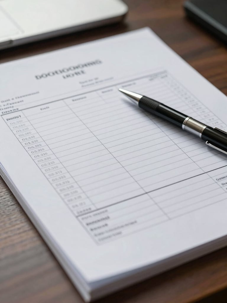 Close-up of logistics paperwork and a printed work schedule on a desk, pen resting on documents, overcast window light, no person visible, clean administrative detail