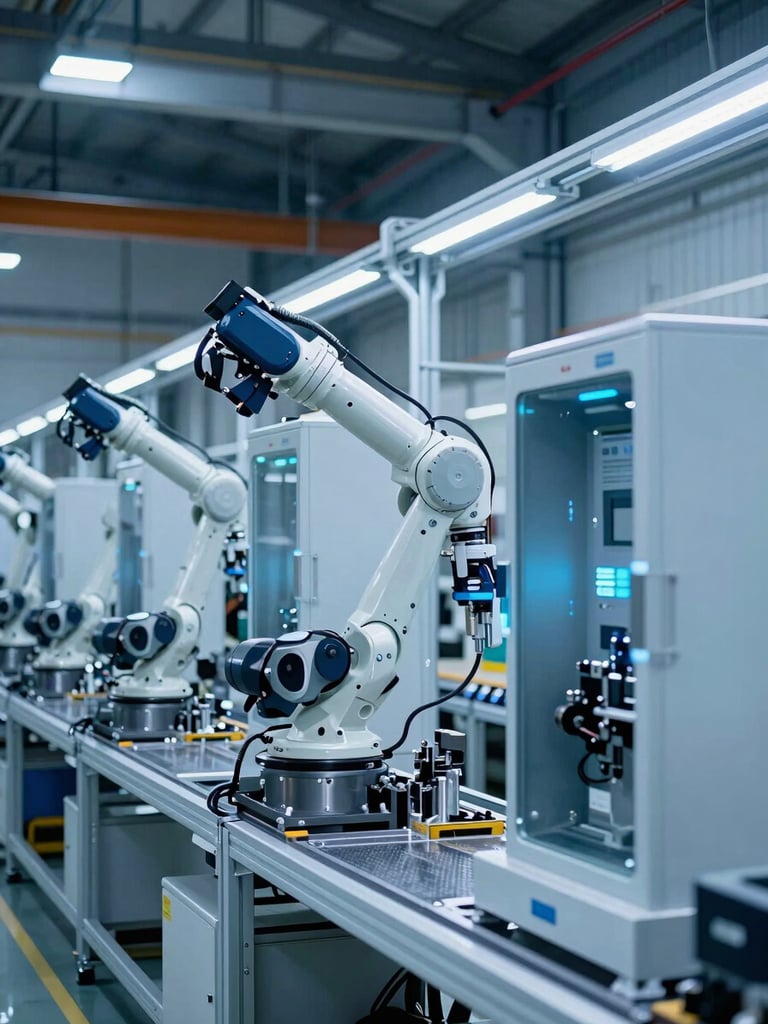 Wide shot of a clean, modern industrial assembly line with robotic arms working on large charging station enclosures, cool blue lighting, sharp focus on precision, heavy engineering.