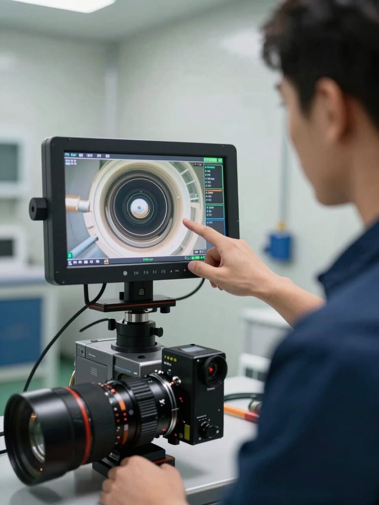 A professional technician in a clean utility room pointing at a high-tech video inspection monitor displaying the clear interior of a pipe, daylight, sharp focus, professional setup.