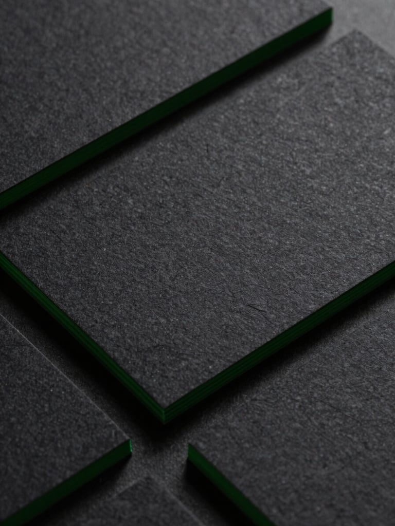 Extreme close-up of premium business cards with tech green edge-gilding, sharp directional key light casting crisp shadows on deep charcoal paper texture