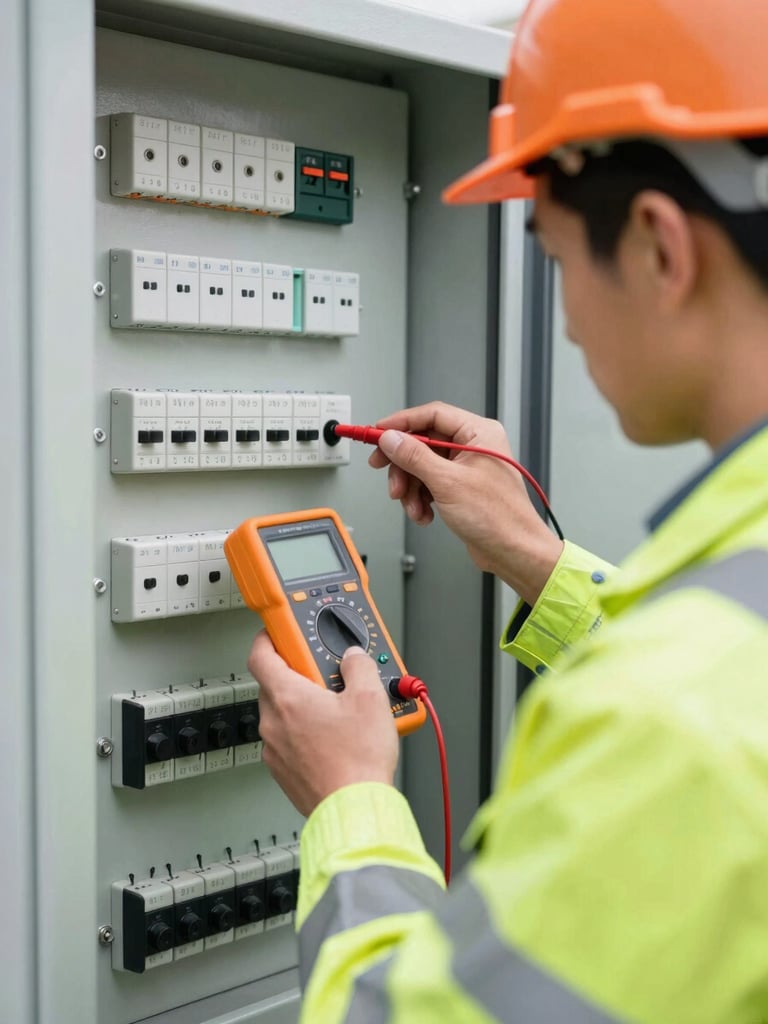 An electrical engineer in high-visibility safety gear using a digital multimeter to test a complex control panel, bright daylight, 35mm lens