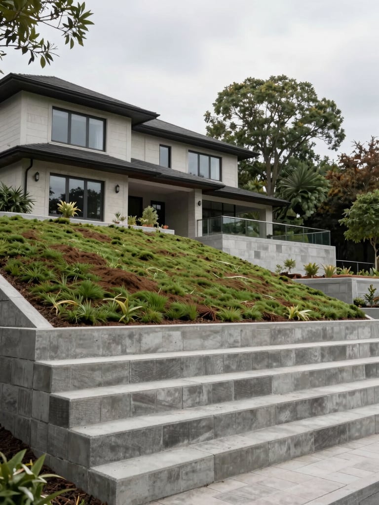 After photo of a large Saint-Bruno residential property, finished retaining wall in concrete block stepping down a gentle slope, fresh sod installed on leveled upper terrace, mature trees in background, soft overcast daylight