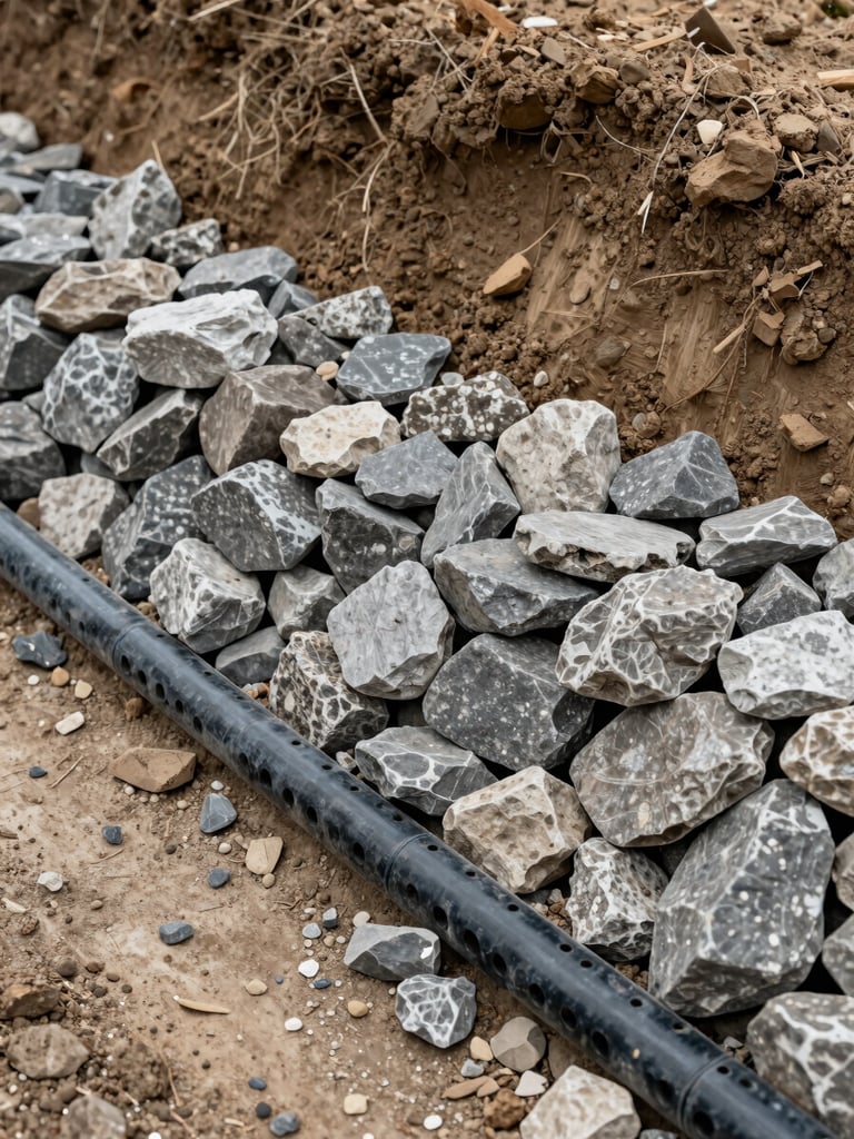 Close-up overhead shot of a retaining wall base under construction on a Rive-Sud property: compacted crushed stone drainage layer clearly visible, perforated drain pipe laid at the footing, clay soil bank behind it, soft overcast natural light revealing soil texture and aggregate grain