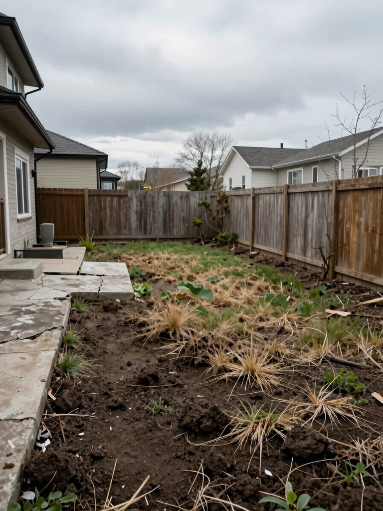 Before photo of a neglected Brossard backyard, overcast daylight, compacted clay soil exposed, patchy dead grass, old cracked concrete pad near fence, neighboring modern home visible at left edge
