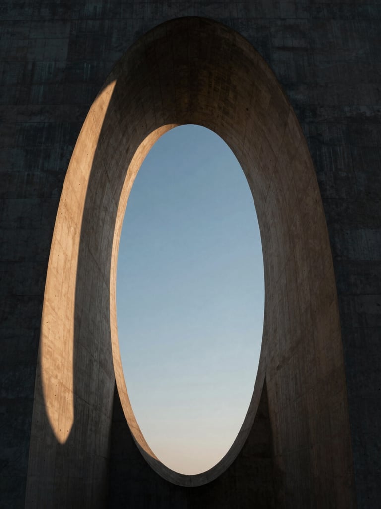 Symmetrical low-angle shot of a concrete structural arch kissing the sky, dramatic side-lighting with warm amber highlights and deep slate shadows, industrial scale