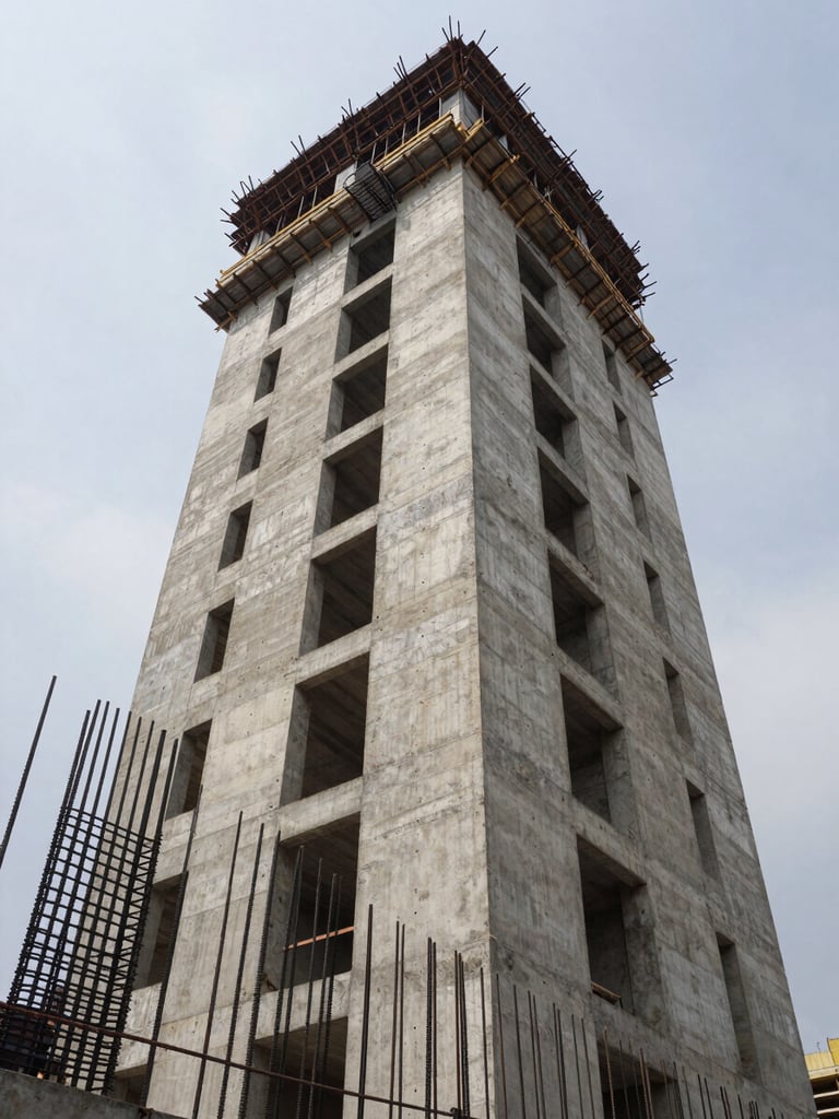 Wide environmental shot looking upward along a reinforced concrete column on an active São Paulo high-rise construction site, steel rebar visible in the foreground, overcast morning light diffusing evenly across the raw concrete surface, scaffolding receding into the upper frame, no workers or text in frame