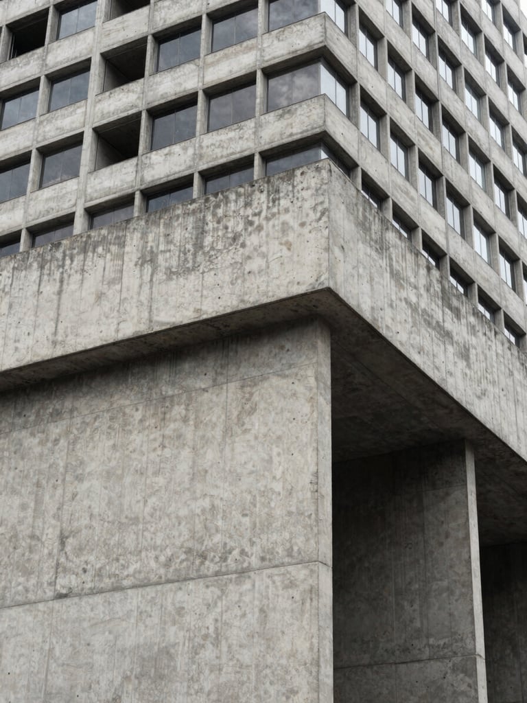 Tight architectural close-up of a completed reinforced concrete facade in São Paulo, sharp right-angle column intersections catching overcast diffused light, window wall grid receding into the upper frame, no people, no furnishings — raw structural geometry filling the entire frame
