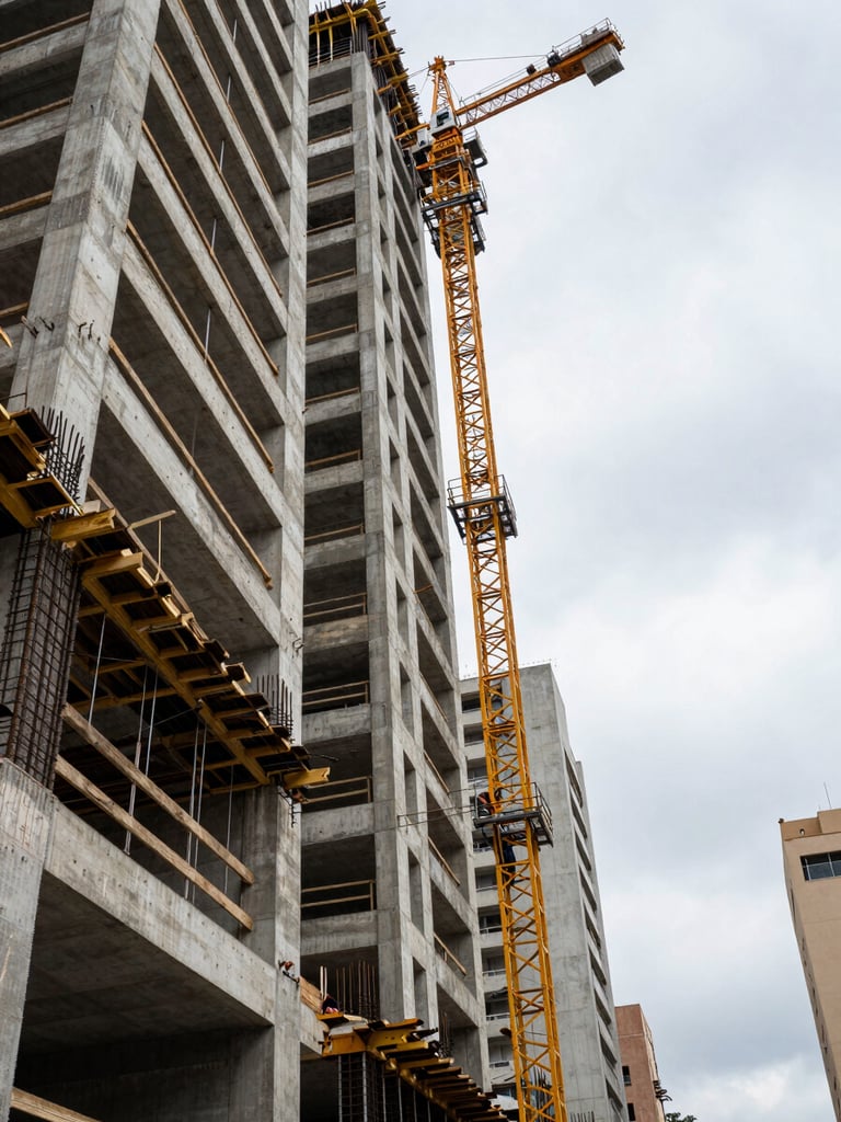 Wide environmental shot from ground level looking up a residential building under active construction in São Paulo, concrete formwork and rebar columns rising into an overcast morning sky, construction workers and crane visible at mid-frame, strong vertical geometry dominating the left edge of the frame