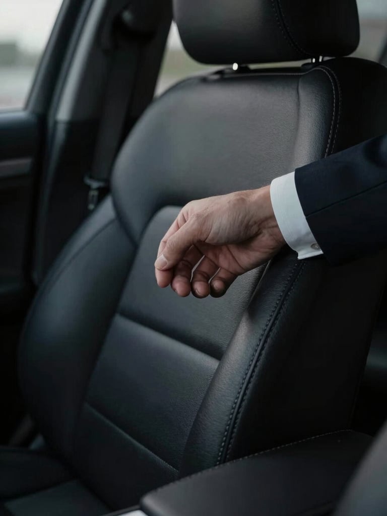 Macro close-up of a tailored chauffeur sleeve adjusting a pristine leather seat in a dark executive sedan, cool overcast daylight, desaturated dark tones, cinematic lighting, shallow depth of field, 35mm