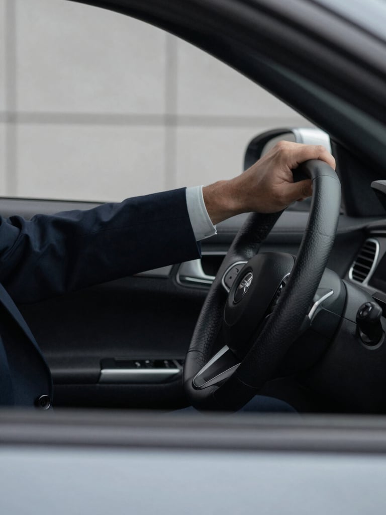 Close-up of a chauffeur in a tailored dark suit adjusting a leather steering wheel, soft side lighting, desaturated tones, architectural clean lines, shallow depth of field, 35mm