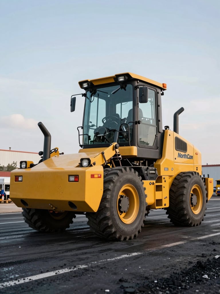 Low-angle heroic shot of a heavy yellow asphalt paver with NorthCon branding on a massive commercial site during crisp morning light.