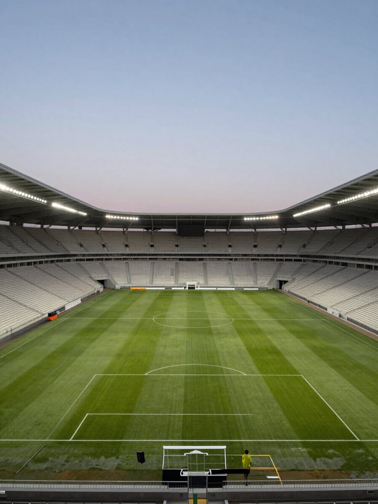 Wide panoramic view of an empty football stadium at dusk from a distant elevated angle, pitch markings sharp and symmetrical, floodlights casting flat diffuse light across the turf, minimal crowd presence, clean architectural geometry