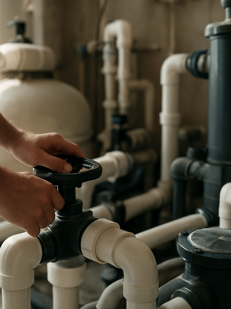 Close-up environmental shot of a pool pump room interior under natural daylight, pipes and filtration units in the foreground, technician's hands operating valve controls, depth-of-field blurring background equipment