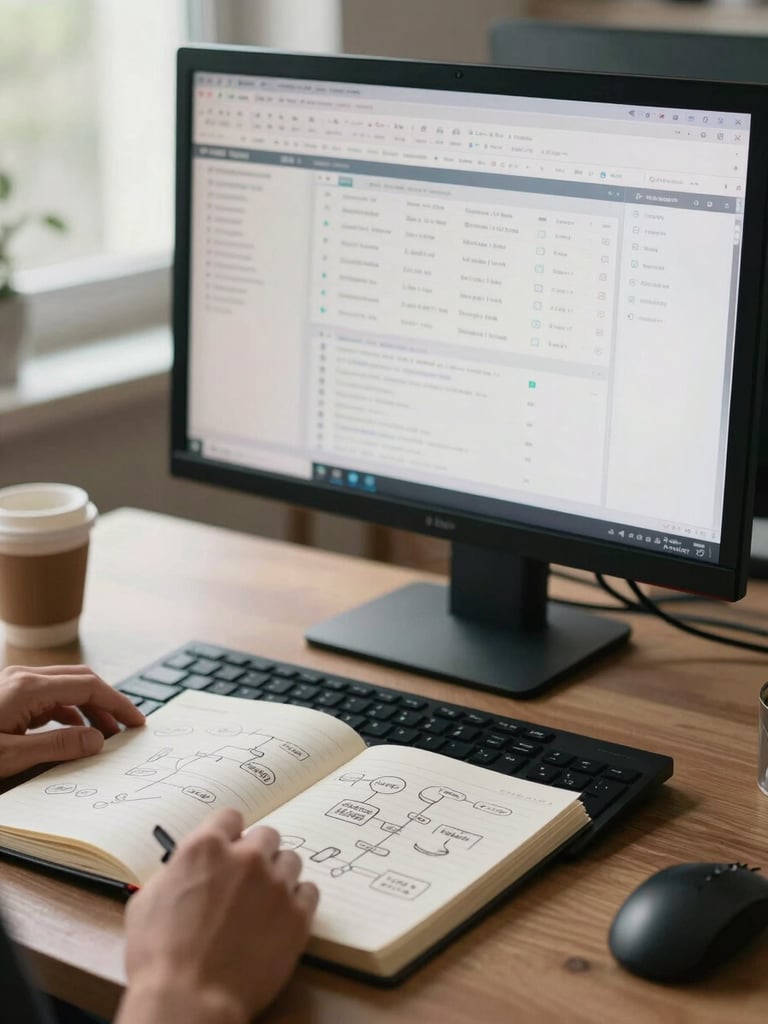 Close-up wide shot of a clean desk workspace under natural window light — a monitor displaying a structured documentation dashboard, an open notebook with hand-drawn workflow diagram in the foreground, a single coffee cup to the left edge. No person visible, only hands resting at keyboard. Documentary framing, cool daylight, shallow focus on the screen content.
