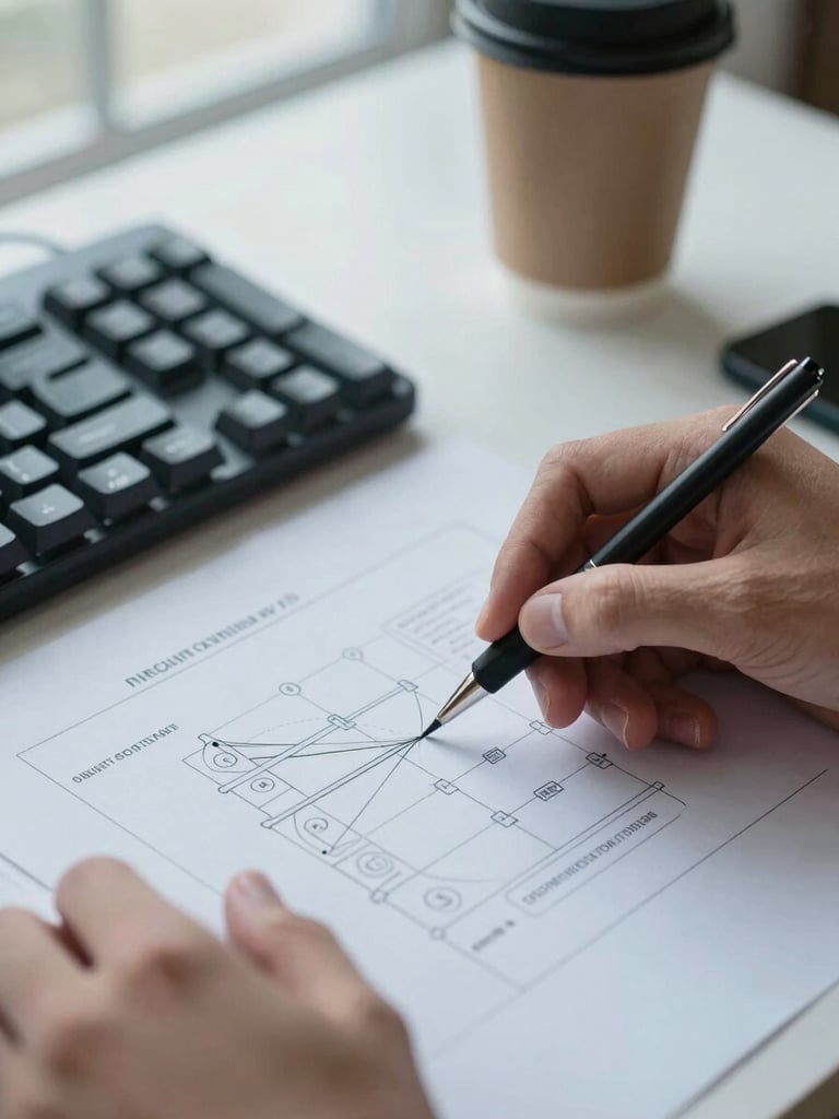 Close-up documentary shot: hands annotating a printed workflow diagram on a clean desk under cool window light, a mechanical keyboard partially visible at the frame edge, coffee cup out of focus in the background, precise and purposeful framing