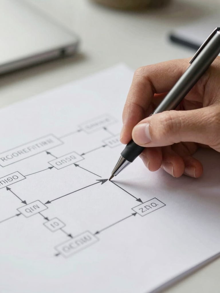 Close-up of hands annotating a printed system diagram on a desk, a fine-tip pen mid-stroke on a process flow arrow, clean studio daylight from the left, shallow depth of field with the workflow lines sharp and the background workspace softly out of focus